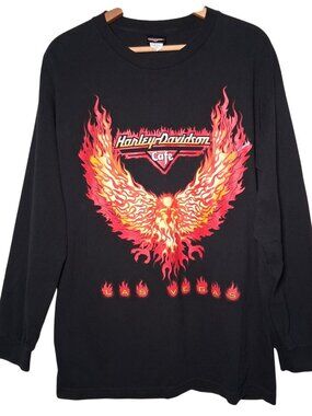 Harley Davidson Cafe Las Vegas Shirt L Long Sleeve Flames Flaming Eagle Biker